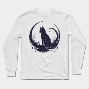 Cat Under Moon Sky Furry Cute Vector Graphic Long Sleeve T-Shirt